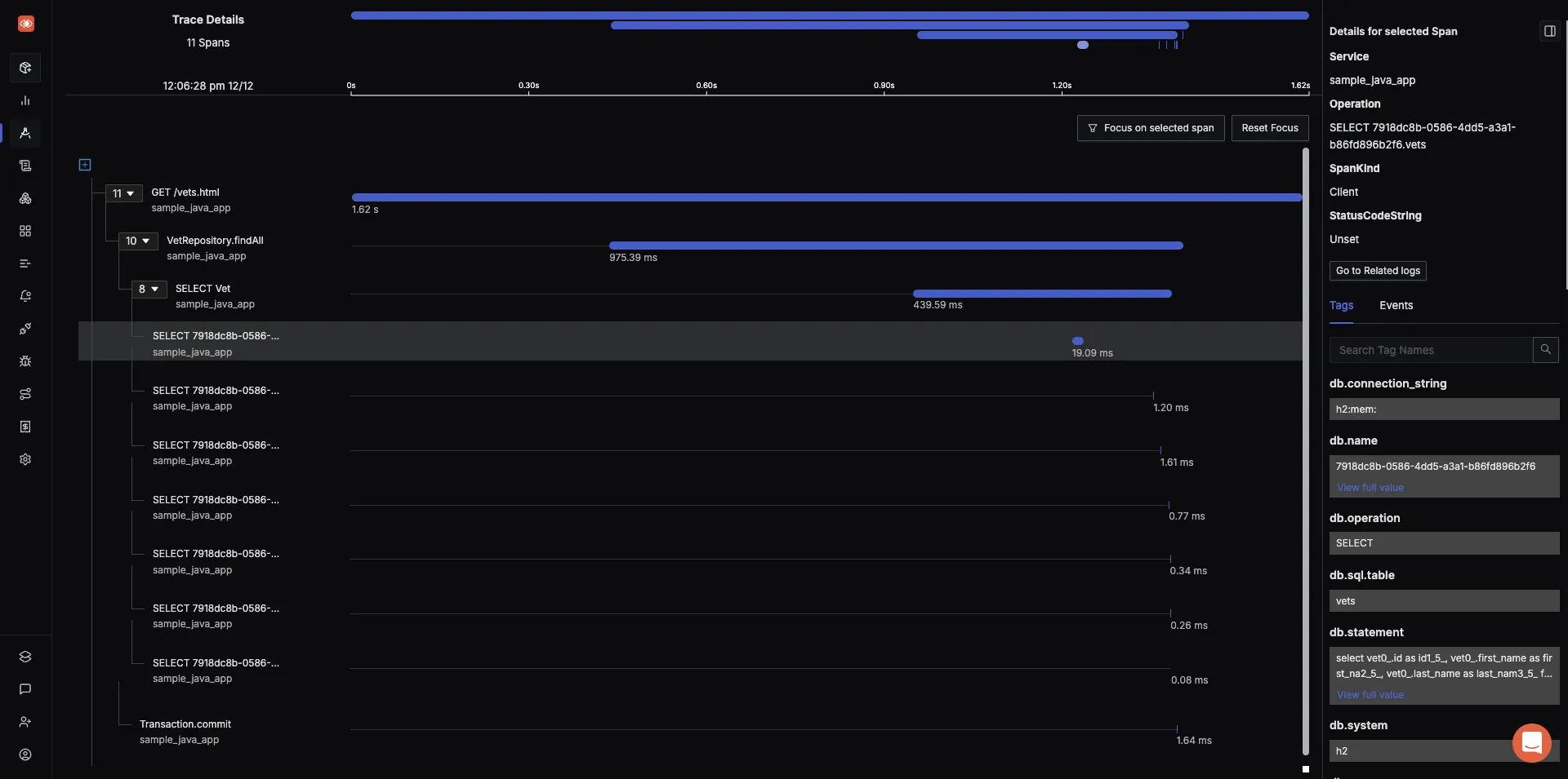 OpenTelemetry Spring Boot Monitoring with trace data visualized as flamegraphs