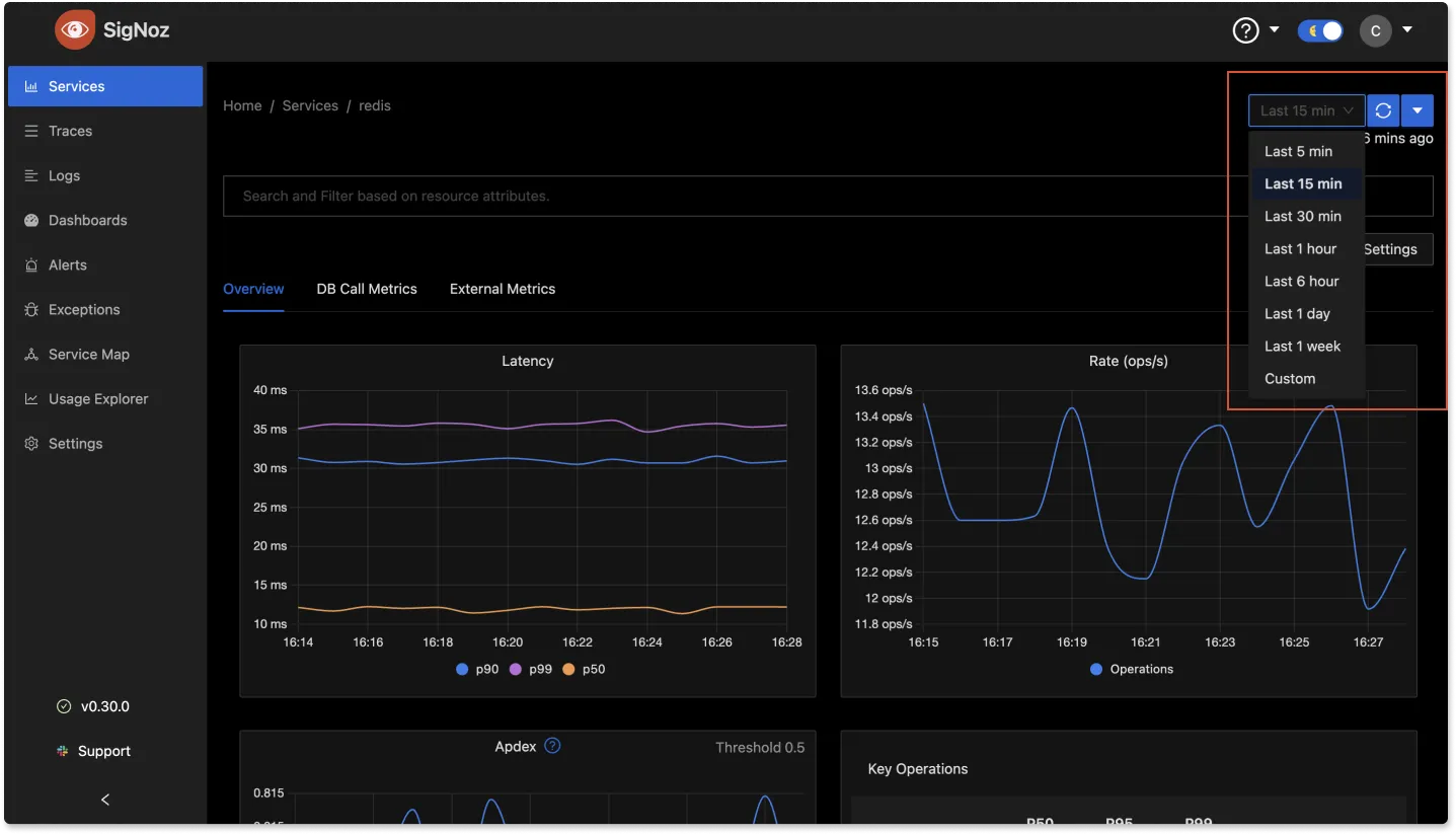 SigNoz UI showing how to apply a time interval for all your metrics chart