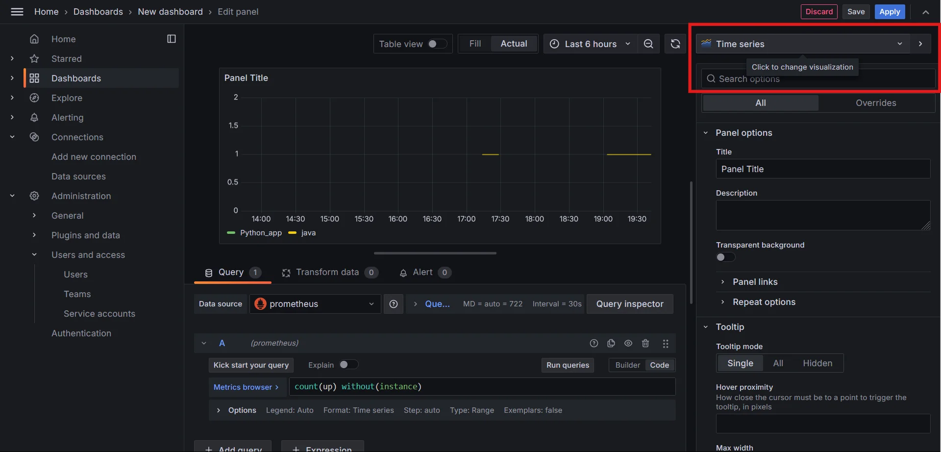 Choosing visualization type in the Grafana dashboard