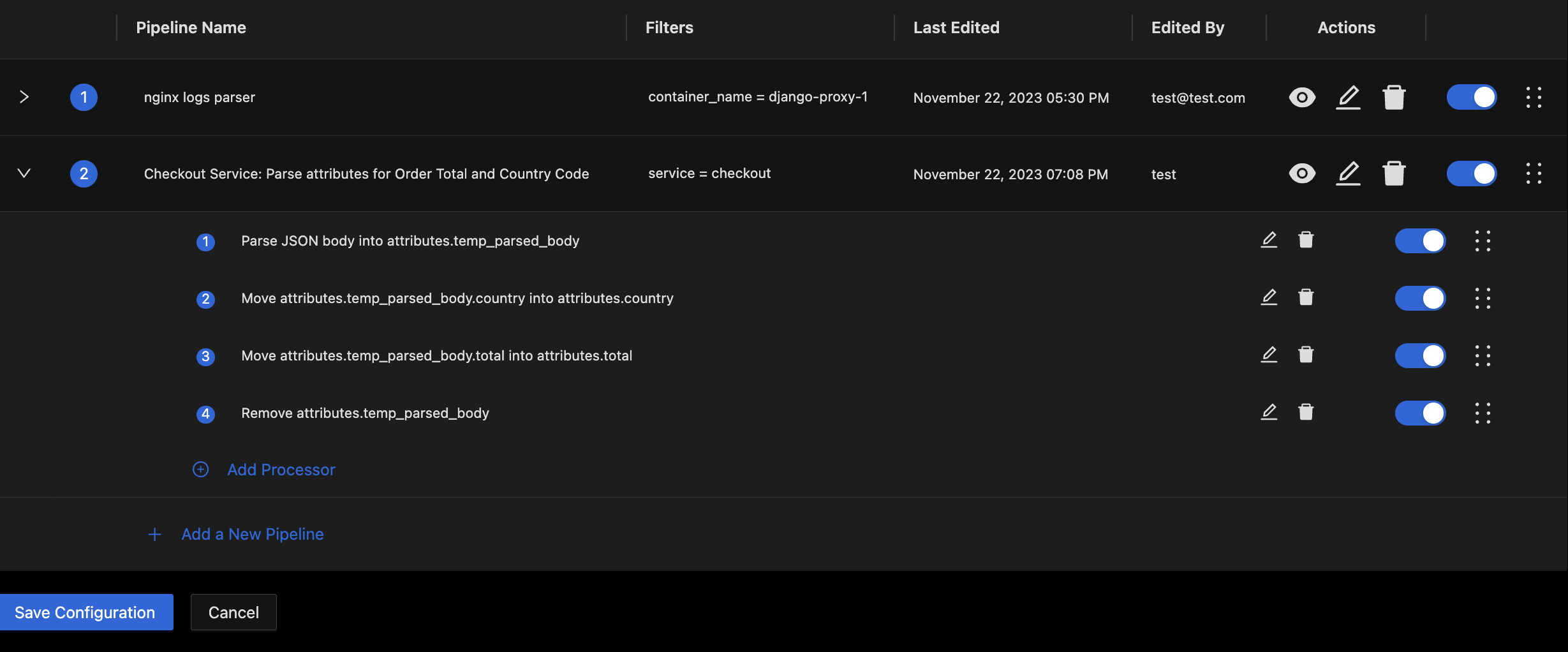 Expanded Pipeline with Processors for parsing desired fields out of JSON body into their own log attributes